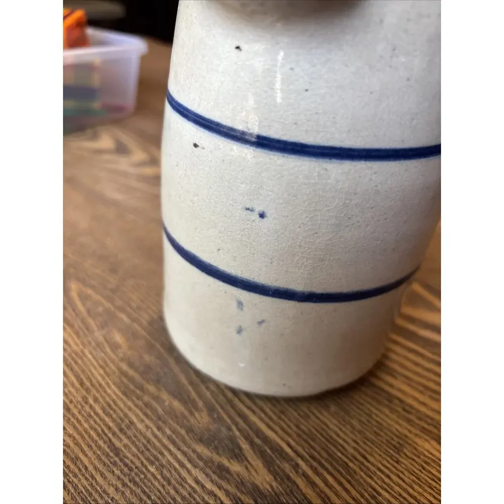 Antique Stoneware Pitcher Beige W/ Blue Stripe Rustic Farmhouse Decor Heavy